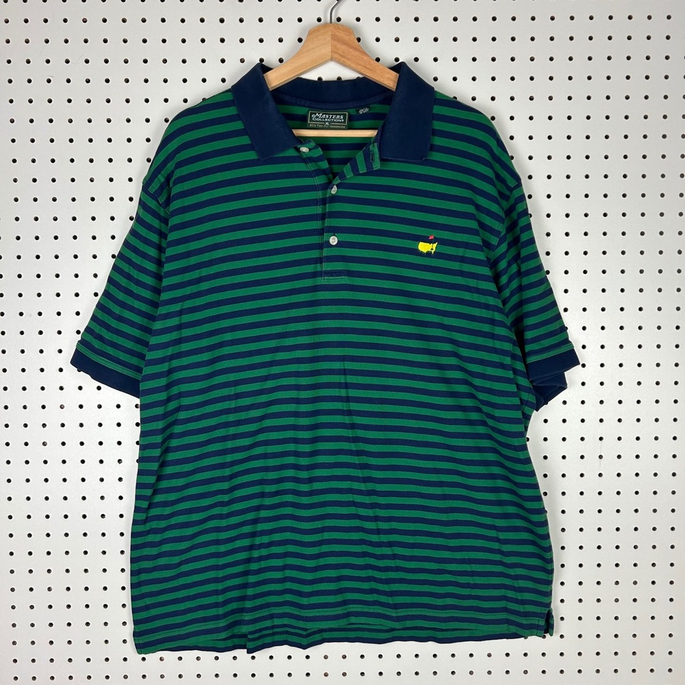 Masters Collection XL Green Navy Blue Striped Pima Cotton Polo Golf Shirt 90s